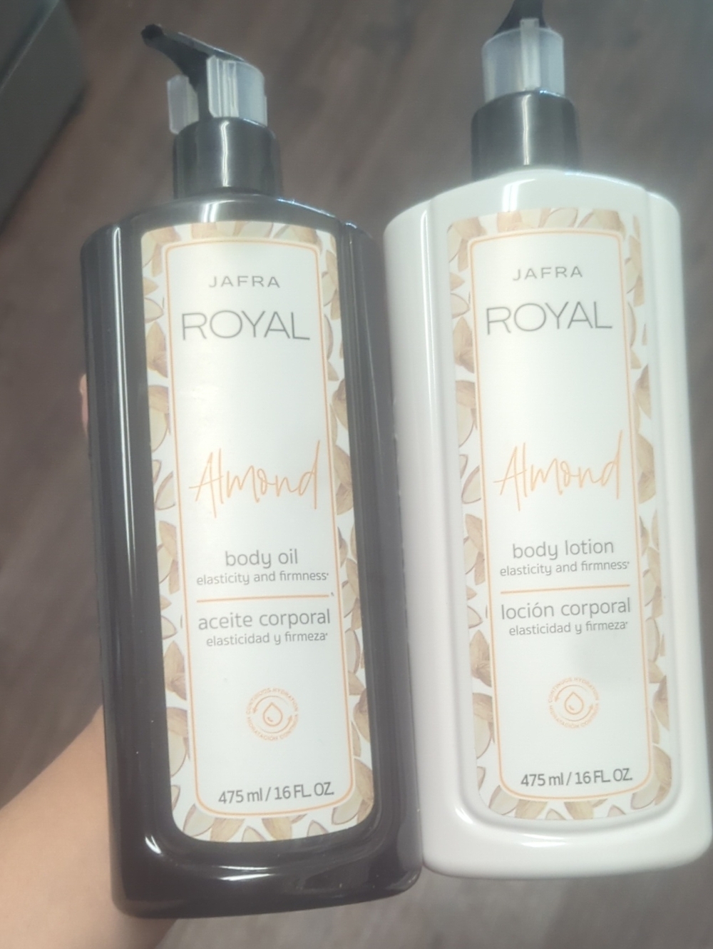 JAFRA Royal Almond Body Lotion & Body Oil — White & Brown Bottles